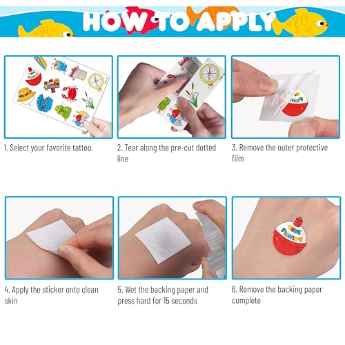 96 PCS Gone Fishing Fish Pre-Cut Temporary Tattoos for Kids | Super Cute First Themed Birthday Party Favors, Supplies, Decorations, Fake Tattoo Stickers, School Rewards Prizes & Gifts Boys & Girls