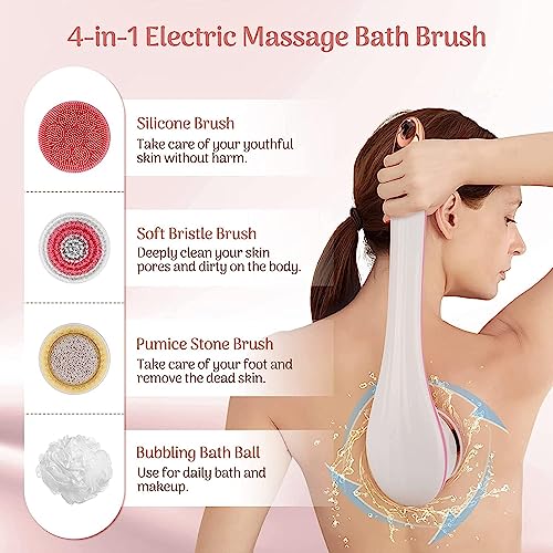 Body Brush Rechargeable, Electric Body Brush Set, Scrubber Shower Brush with Long Handle, Spin Skin Brush with 6 Brush Heads for Cleanse, Massage, exfoliate and Pamper Your Skin in The Shower (Pink)