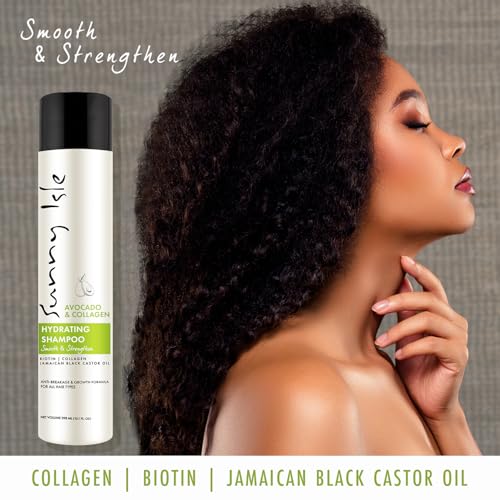 Sunny Isle Avocado & Collagen Hydrating Shampoo 10.1oz | Biotin, Jamaican Black Castor Oil Infused | Anti-Breakage Growth Formula | Smooths, Strengthens