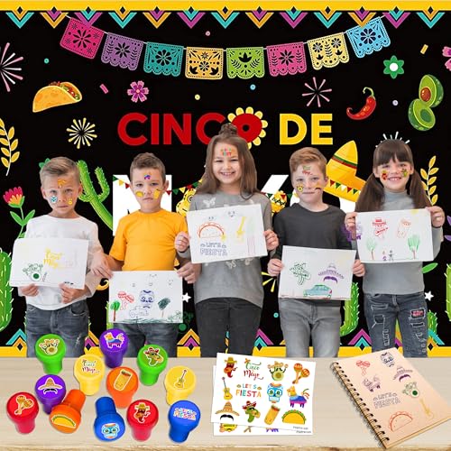 36PCS Fiesta Party Favors - 24PCS Temporary Tattoos & 12PCS Stamps - Ideal Mexican Cinco de Mayo Taco Themed Birthday Card Decorations Supplies Goodie Bag Cute Rewards for Boys Girls Kids Gifts Prizes