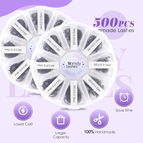 Premade Fans Eyelash Extensions Mixed Tray 500 Fans (24D-07-D-13-20)