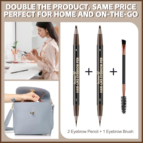 Boobeen 3pcs Waterproof Eyebrow Pen£¬Dual-Ended Eyeliner Microblading Eyebrow Pencil for Women£¬Long Lasting Hair-Like Brow Pen with Brow Brush£¬Dark Brown