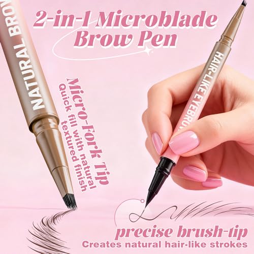 Microblading Eyebrow Pencil for Women, Waterproof Eyebrow Pen with Micro-Fork Tip & Precise Brush-Tip, Natural Hair-Like Brows, Long-Lasting Smudge-Proof Eye Brow Tint,Light Brown,1 Pack