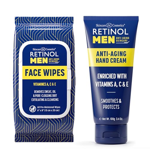 Retinol Men Anti- Aging Facial Wipes - Quickly cleanses Face from Sweat, Oil and Pore-Clogging Dirt without any heavy residue + Retinol Men Anti-Aging Hand Cream For Younger Looking Hands