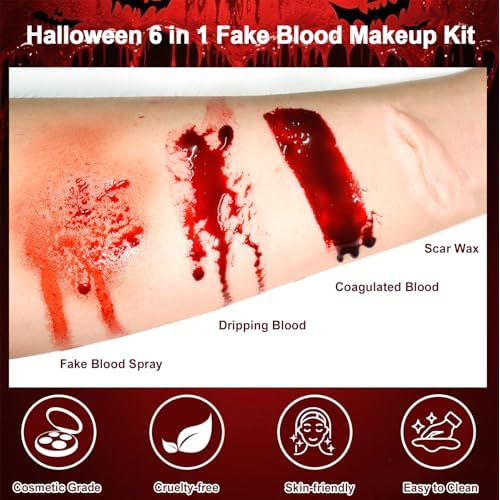 Yosca 6Pcs Halloween Fake Blood Makeup Kit, Realistic Washable Fake Blood Spray, Dripping, Coagulated, Scar Wax for Halloween Face Red Body Paint, Clown Vampire Monster Zombie Scar Makeup Kit