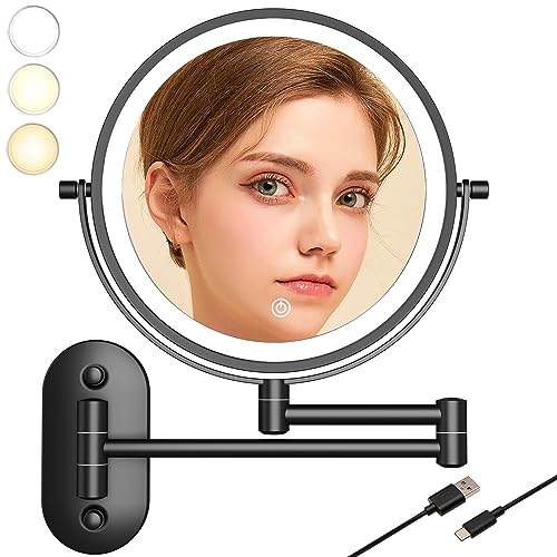 8¡°Wall Mounted Makeup Mirror With Lights, 10x Magnifying Mirror Wall Mount for Vanity, Bathroom and Shaving, Rechargeable Wall Mounted Makeup Mirror Swing Arm with Adjustable Brightness (Black-10X)