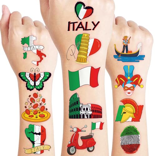 96 PCS Italy Italian Italia Flag Pre-Cut Temporary Tattoos for Kids | Super Cute Italy Themed Birthday Party Favors, Supplies, Decorations, Fake Tattoo Stickers, School Rewards Gifts For Boys & Girls