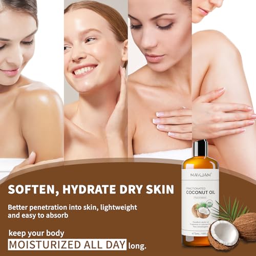 MAYJAM Organic Fractionated Coconut Oils Liquid 16oz, 100% Pure & Natural USDA Certified Cold Pressed Coconut Carrier Oil for Face Skin & Hair Moisturizing, Body Massage Oil for Essential Oils Mixing