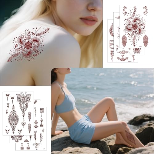 20 Sheets Brown Henna Tattoo Kit, Lace Fake Tattoos Temporary Waterproof Henna Tattoo Stickers Body Art Decorations for Women Wedding Party