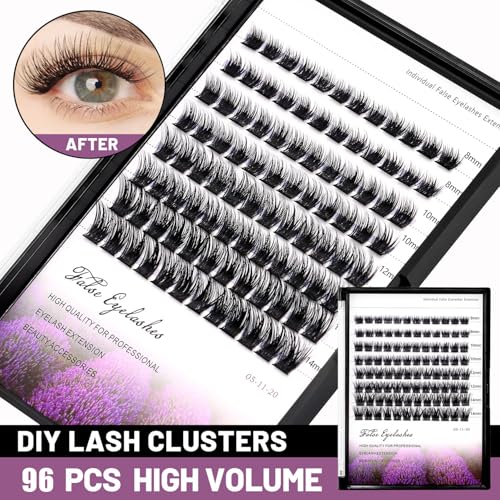 96pcs Mixed 8-10-12-14mm/10-12-14-16mm Thick Base Dramatic Black Soft Cluster Individual False eyelashes Wide Stem 5D Volume Eye Lashes Extensions (8-10-12-14mm)