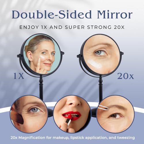 20X Magnified Makeup Mirror with Stand - Double Sided 20x and 1x Cosmetic Mirror for Make Up Desk, Dressing Table, Bathroom Countertop - 6" Wide & 12" Tall (Black)