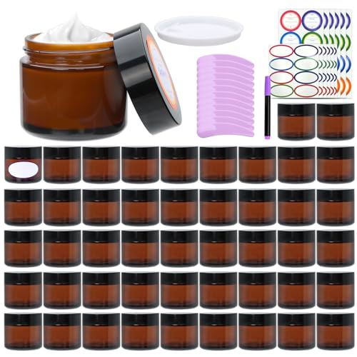 2oz Small Travel Containers with Black Lids,48 Pack Amber Glass Jars with Mini Disposable Spatula for Toiletries£¬Travel Storage£¬Makeup Beauty Products, Lotions, Powders and Ointments