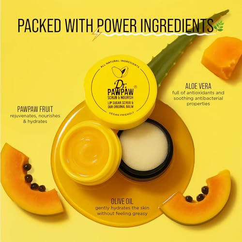 Dr. PawPaw Lip Scrub and Lip Balm Duo - Vegan Lip Scrub Exfoliator and Hydrating Lip Balm with Pawpaw, Aloe, Olive and Castor Oils - 0.55 oz
