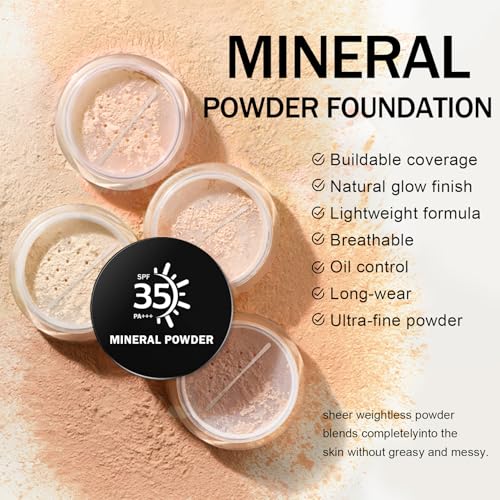 Mineral Powder Foundation, Loose Setting Powder Mineral Foundation Makeup, Lightweight Buildable Coverage for Face Natural Base Makeup 0.35 oz(01 Fair Light)