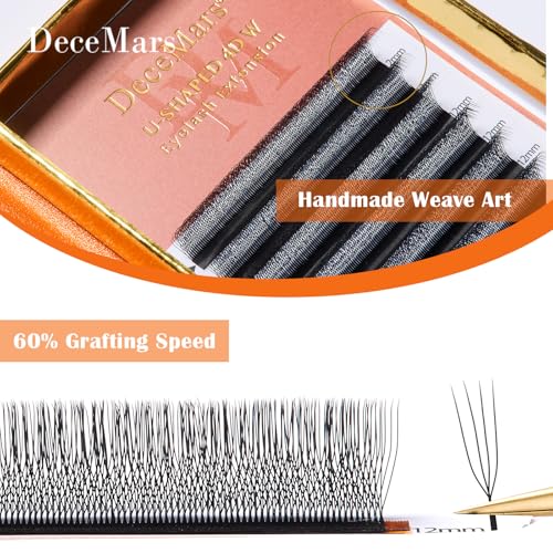 DeceMars 4D U Shaped Eyelash Extensions Supplies Easy Fans Russian Volume Crisscross Eyelashes Natural Soft YY Lash Extensions Handwoven Mesh Wispy Clusters Matte Black-0.07mm-D-8-15mm Mix