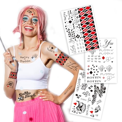 3-Pack Large Cosplay Temporary Tattoos ? 8.2 x 11.6 Inch Clown Girl Themed Fake Tattoos for Men, Women, and Kids ? Perfect for Halloween, Cosplay, and Costume Parties