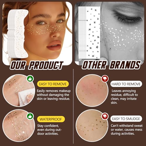 Glitter Freckles Temporary Face Tattoos - 10 Count Gold Body & Face Star Sparkle Freckles, Faux Freckles for Festivals, Concerts, Parties - Easy Apply, Long Lasting Shine