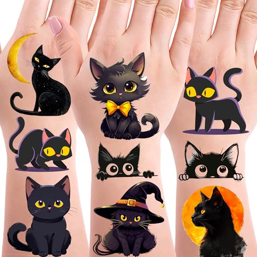 152PCS Black Cat Tattoos Temporary Stickers Cute Animal Pet Halloween Themed Birthday Party Supplies Decoration Favors Goodie Bag Stuffers Tattoo