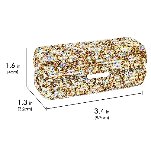 Lipstick Case with Mirror, Rhinestone Crystal Lipstick Organizer for Travel, Portable Bling Diamonds Lip Gloss Storage Holder (Gold)
