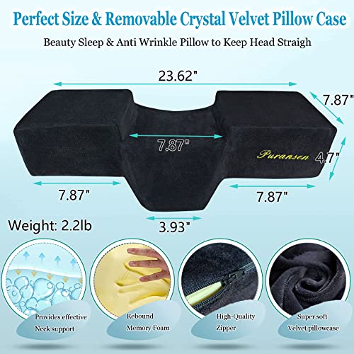 Puransen Lash Bed Pillow with Neck & Back Support - Curved Memory Foam Beauty Pillow for Eyelash Extensions & Salon Services, Two Pockets for Tools on The Sides of Removable Velvet Pillowcase (Black)