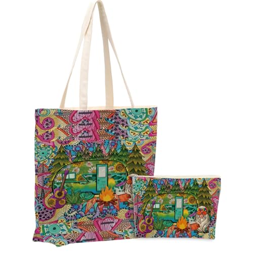 Hippie Gifts£¬2PCS Makeup Cosmetic Bag Canvas Tote Bag Beach Bag for Shopping Office, Hippies Van Hippie Decor Stuff Retro Camper Car Camping Gifts for Women Friend Girl Birthday Friendship Christmas