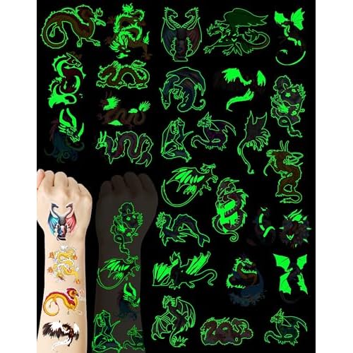 140 Pieces Luminous Dragon Temporary Tattoos Dragon Party favors for Kids Adults,Glow in The Dark Dragon Tattoos Stickers Party Supplies Dragon Birthday Party Favors Goodie Bag Fillers