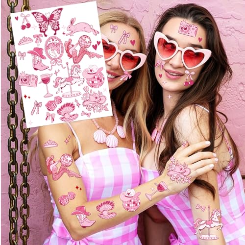 HOMEZZO Pink Pony Club Temporary Tattoos - Disco Cowgirls Girls Night Decorations for Bachelorette Birthday Party Favor Accessories