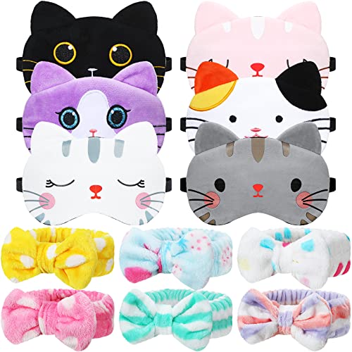 Wesiti 12 Pcs Sleepover Party Favors for Women Girls, 6 Cute Plush Sleep Eye Mask and 6 Spa Headband Washing Face Bow Makeup Headbands Cat Eyeshade for Sleepover Birthday Pajama Party Supply Gift