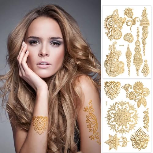 Henna Tattoos, Gold Henna Temporary Tattoos Stickers for Women Wedding Party Festivals, & Parties Decoration Suppliers 6Sheets (gold)
