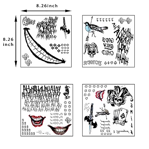 Halloween Temporary Tattoos, 4 Sheets Joker Tattoos Fake Temporary Tattoos Sticker for Men & Women, Perfect for Halloween, Cosplay, Costumes and Party Accessories