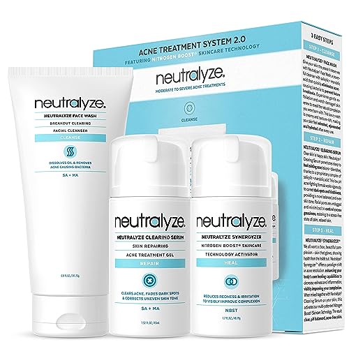 Neutralyze Moderate to Severe Acne Treatment Kit 2.0 - Maximum Strength 3 Step Acne Kit with 2% Salicylic Acid, 2% Mandelic Acid & Nitric Oxide - Includes Face Wash, Clearing Serum & Synergyzer