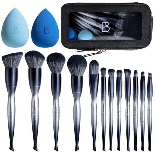 BS-MALL Professional Makeup Bruhses & 2 Pcs Makeup Sponges for FoundationPremium Synthetic Foundation Powder Concealers Eye Shadows Blush Makeup Brushes with Black case