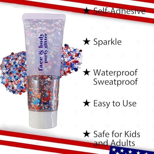 Patriotic Red White and Blue Body Glitter Stick,4th of July Accessories,Sparkling Face Hair Glitter for Fourth of July Outfit Women Kids,American Pride USA Flag Makeup for Independence Day