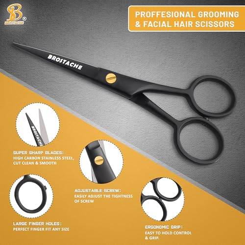 5¡± Professional Beard and Mustache Scissors, German Steel Beard Scissors Come with Mustache Comb, Beard Comb and Carrying Pouch. Grooming Scissor for All Facial Hair Scissors (Black)
