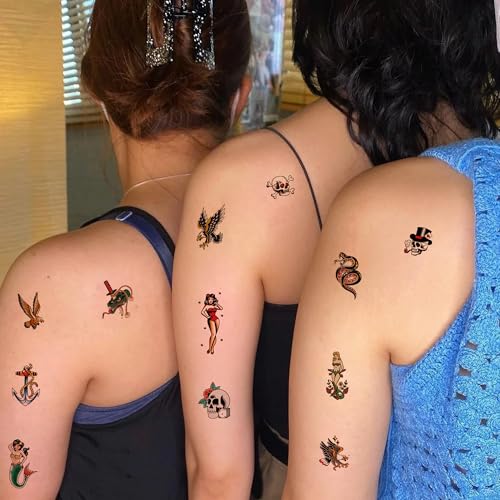 76 Pcs Retro Temporary Tattoos Classic Old School Colorful Tattoos Stickers Flowers Snake Adult Men Women Body Art