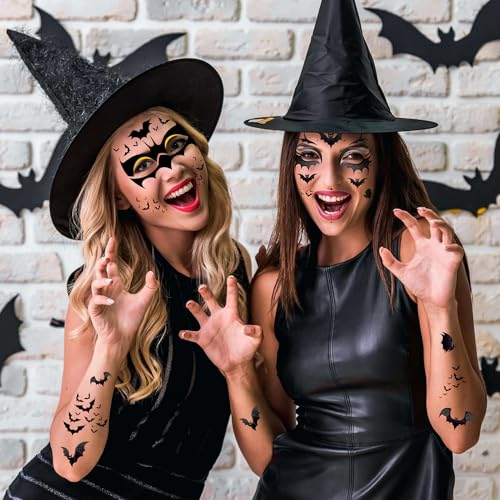 HOWAF 4 Sheets Halloween Bat Face Tattoos, Halloween Bats Tattoos Sticker for Hallows' Eve Masquerade Halloween Cosplay Raves Costume Accessories, Flaying Black Bat Temporary Tattoos Sheets