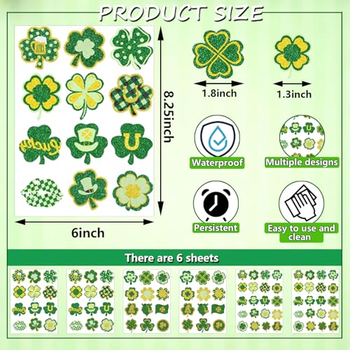 88Pcs St Patricks Day Temporary Tattoos Adult Shamrock Face Stickers Woman Irish Temporary Tattoo Stickers for Body St Pattys Accessories Irish Party Decor(clover88)