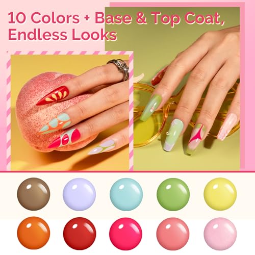 MelodySusie Highly Pigmented Gel Nail Polish Set,10 Dopamine Colors with 2 Top & Base Coat, TPO & HEMA Free Plant-Based Formula, 16.5ml Tilt-and-Stand Bottle, Gift for Nail Art at Home(Hot Pink)