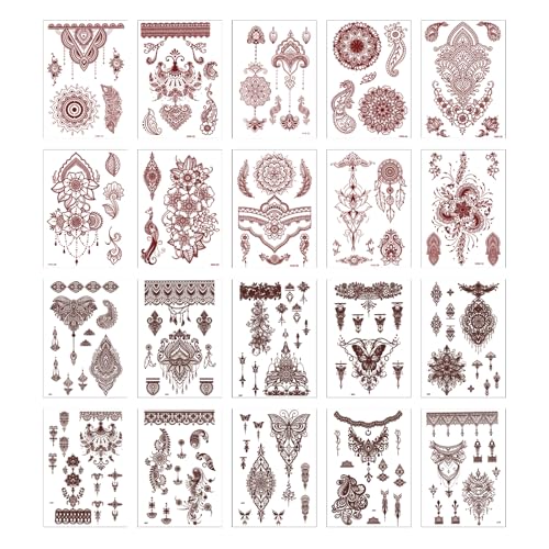 20 Sheets Brown Henna Tattoo Kit, Lace Fake Tattoos Temporary Waterproof Henna Tattoo Stickers Body Art Decorations for Women Wedding Party