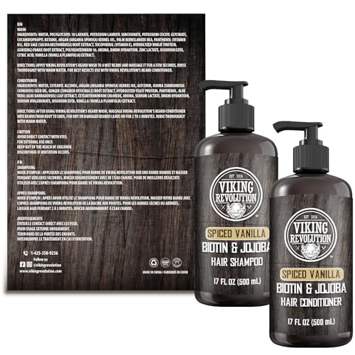 Viking Revolution Beard Wash and Beard Conditioner for Men with Argan Oil and Jojoba Oil - Beard Softener and Strengthener Beard Care Beard Shampoo and Conditioner with Beard Oil (17oz Spiced Vanilla)
