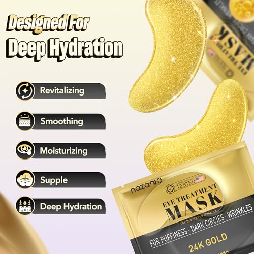 102 Pcs 24K Gold Under Eye Patches for Puffy Eyes, Dark Circles, Bags & Wrinkles with Sodium Hyaluronate - Eye Care Pads for Daily Skincare
