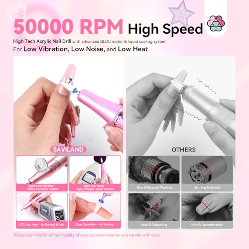 SAVILAND Professional Nail Drill Kit: 50000RPM Rechargeable Electric Nail File Machine E-File with 6000mAh Battery, Ceramic Bits and Stickers for Manicure Pedicure Shaping & Acrylic Removal Salon Use