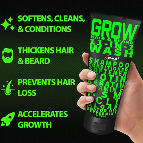 Beard Growth Kit w/ 2X Thickening Biotin Beard Balm for Men & Mustache Wax + GROW 11-in-1 Mens Shampoo & Conditioner (Hair Growth Shampoo for Men w/Biotin) - Formulated in America