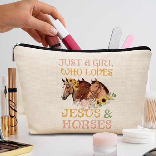Christian Horse Makeup Bag, Religious Christian Gifts for Women, Horse Lovers Gifts Cosmetic Bags for Women, Jesus and Horses Zipper Travel Makeup Pouch for Purse