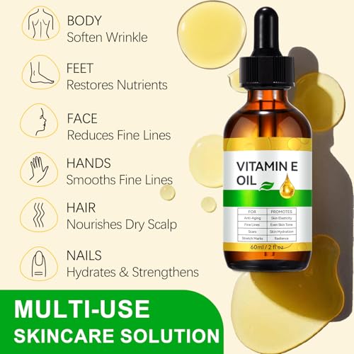 Bieyoc Vitamin E Oil, Body Oil Blend 75,000 IU Boost Skin Collagen, Hydrate and Plump Skin, Reduce Fine Lines and Scars, 2 Fl Oz