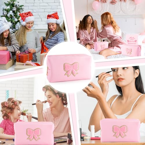 6 Pcs Pink Bow Makeup Bags PU Leather Cosmetic Bag Make up Toiletry Pouch Bulk Portable Travel Organizers Case Cute Coquette Stuff for Girls Women Bachelorette Birthday Party Gifts (01 Pink)