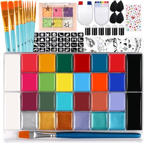 Face Painting Kit for kids, 28 Colors Oil Palette Professional Face Body Paint Kit with 10 pcs brushes, 41 stencils, 10 sponges, 6 Glitter Gel, 2 Facepaint Stick for Adults Halloween Christmas