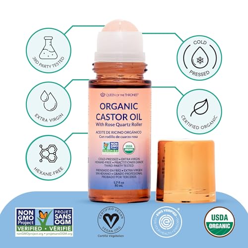 QUEEN OF THE THRONES¢ç Organic Golden Castor Oil Roll-On with Rose Quartz | 100% Pure for Skin, Brows & Lashes and less mess Castor Oil Packs | Hexane-Free | USDA Certified | Cold-Pressed 1.7oz (50mL)