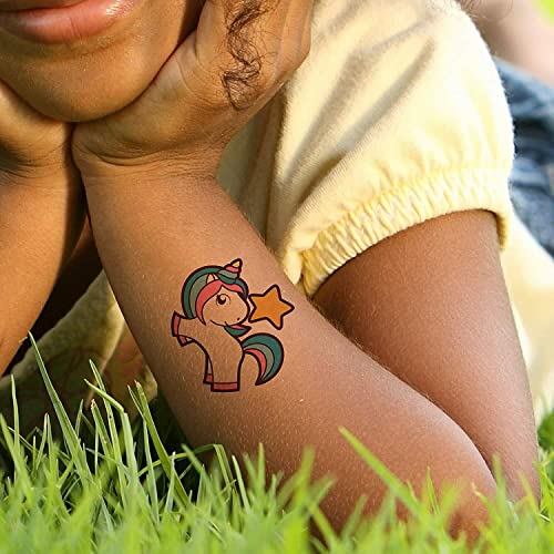 16 x Unicorn Kids Tattoos Temporary for a Party for Girls Age 7-8 Children Fake Transfer Stick on Rainbow Stars Butterfly Unisex Stickers Individual Sheets