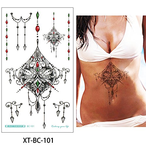 Glaryyears Chest Lace Temporary Tattoos for Women Female, 5 Pack Black Underboob Fake Realistic Large Long Lasting Creative Tattoo Stickers, Sexy Diamond Pendant Flower Styles on Body